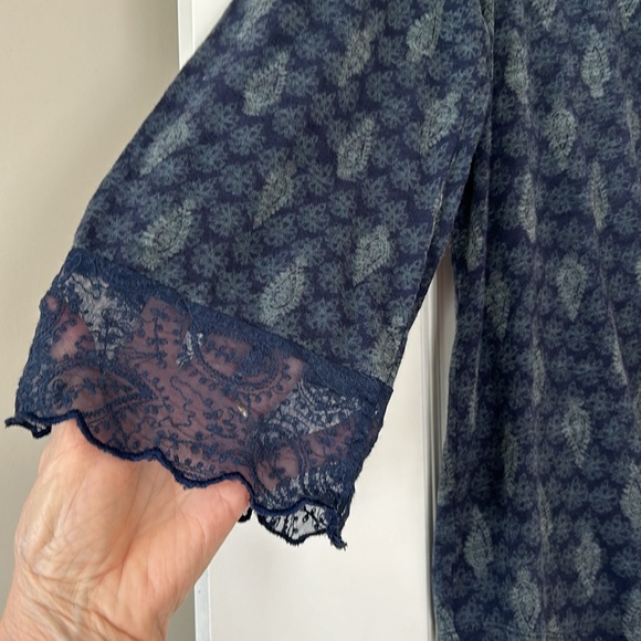 Lucky Brand Peasant Blouse w Sheer Mesh Lace Bodice & Sleeves Navy  & Sage Green - Picture 3 of 10